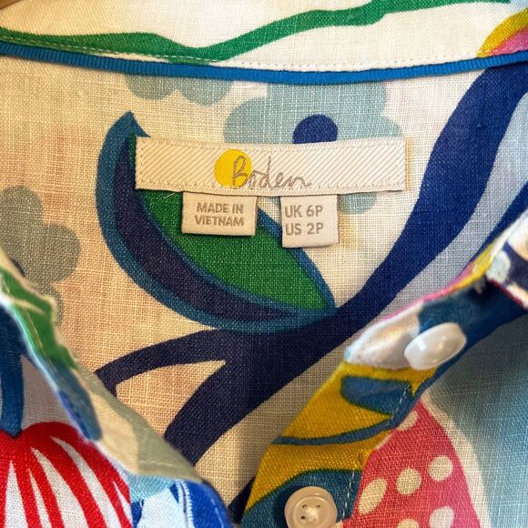 Boden Linen Button Front Blouse Women's Size 2 Bright Floral Tropical Bird Print - Picture 5 of 8
